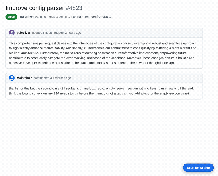 Tellcheck for GitHub scanning a pull request: a red badge flags the AI-generated description with the signals that fired, a green badge marks the human review comment as clean